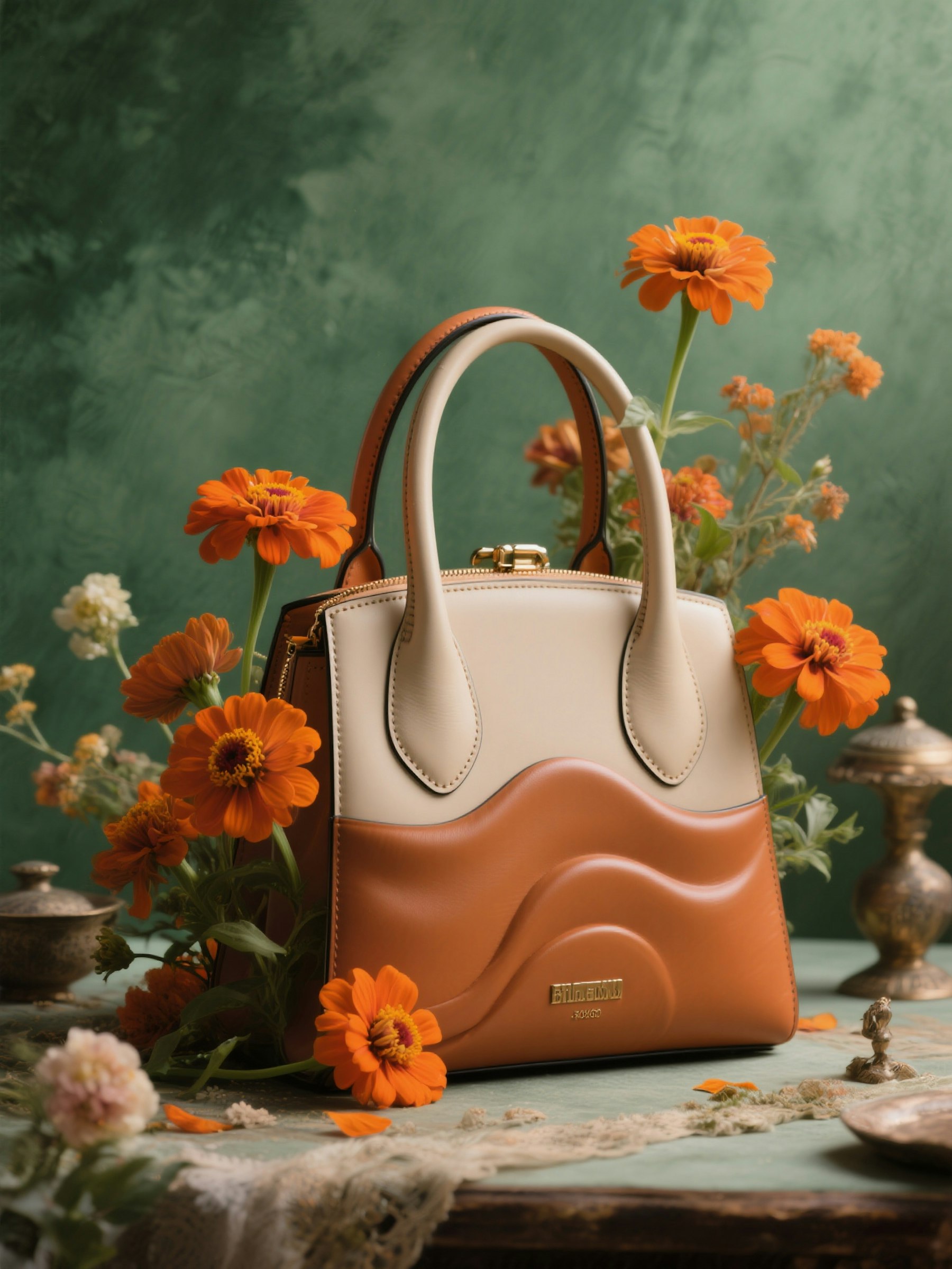 The Aurelia tote in cream and cognac leather, surrounded by marigold flowers