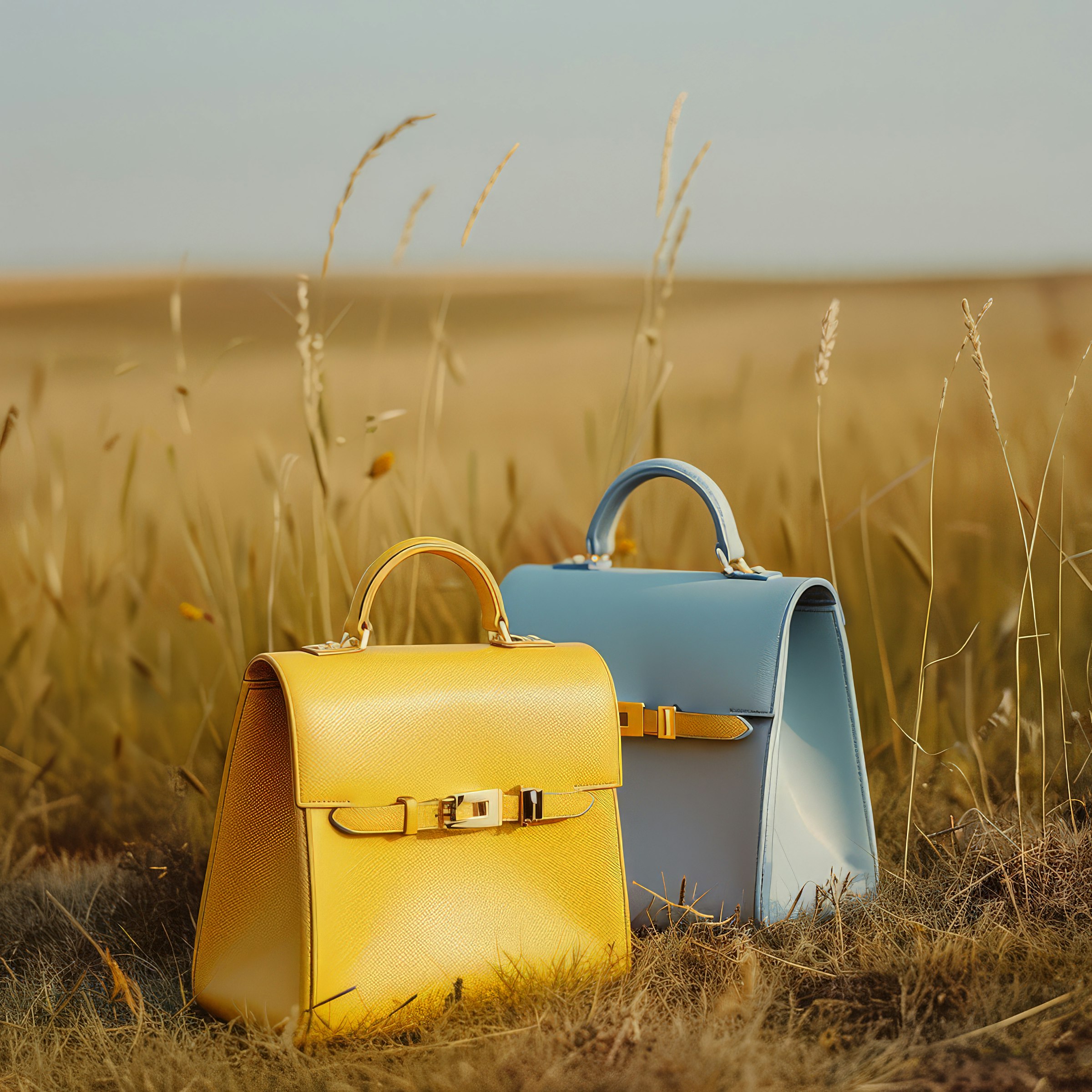 Two structured handbags in a golden field at dusk