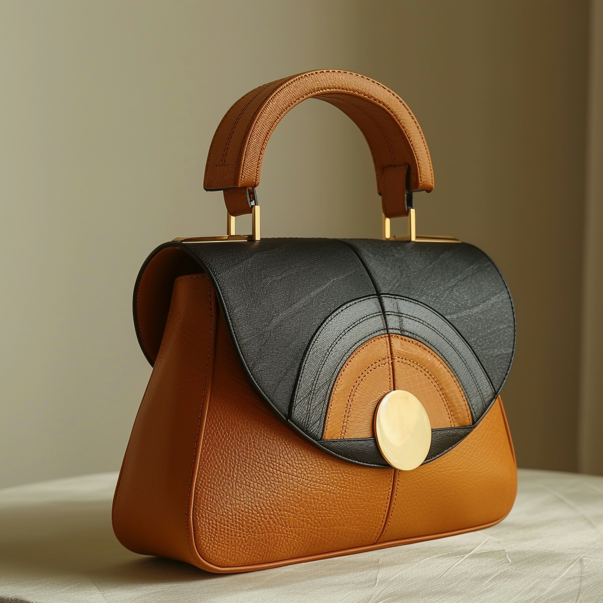 Close detail of the Odessa top-handle bag showing hand-stitched leather and brass medallion clasp